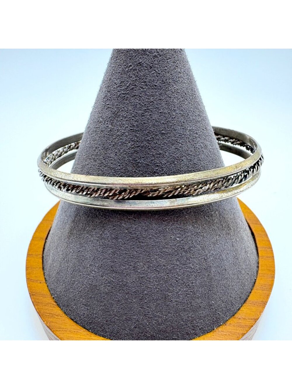 Rope Textured Open Cuff Bangle Bracelet Sterling Silver 925 Size 7.5" Fit